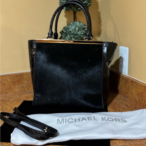 MICHAEL KORS LANA BLACK LEATHER CALF HAIR BLACK CROC ACCENT LARGE TOTE, Vintage - Picture 6 of 15